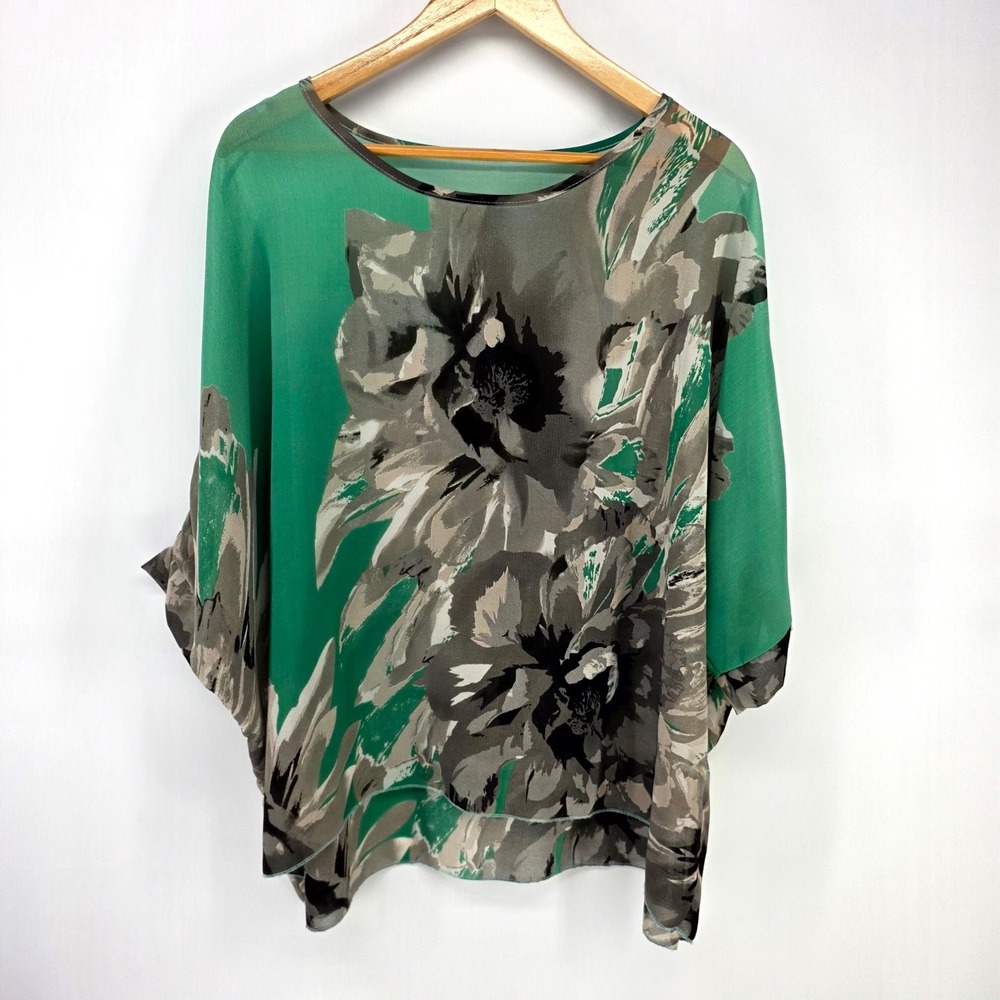 Chicos Top Womens OS Green Gray Floral Abstract Dolman Sheer Flowy Oversized